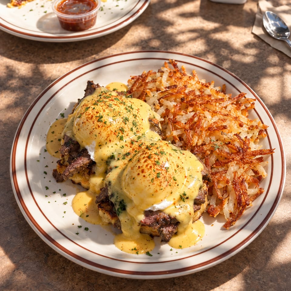 Breakfast plate with eggs Benedict, steak, hollandaise sauce, crispy hash browns, and a breakfast burrito with salsa on a sunlit table.
