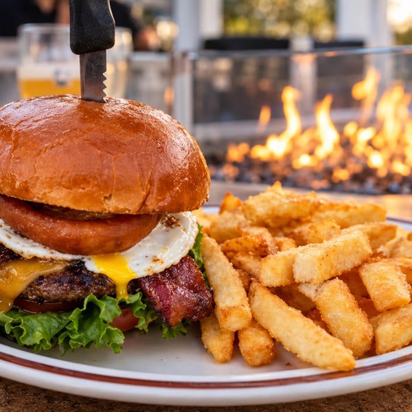 Bacon cheeseburger topped with a fried egg and served with golden fries beside an outdoor fire pit.