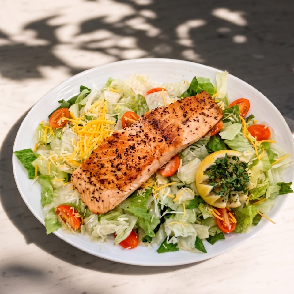 Grilled, pepper-crusted salmon fillet served over a garden salad with lettuce, tomatoes, shredded cheese, and lemon.