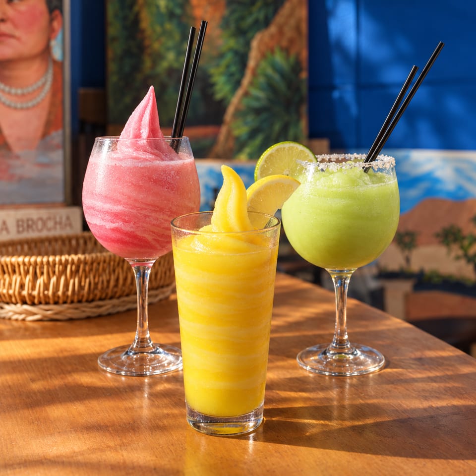 Three colorful frozen drinks sit on a sunlit wooden table: pink, yellow, and green beverages garnished with fruit and straws.