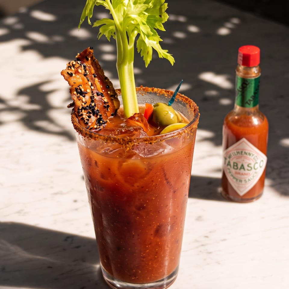 Spicy tomato cocktail garnished with celery, olives, lime, and sesame-crusted snack, beside a Tabasco bottle.