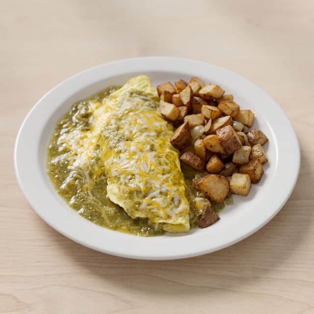 Homemade Pork Chile Verde Omelet.