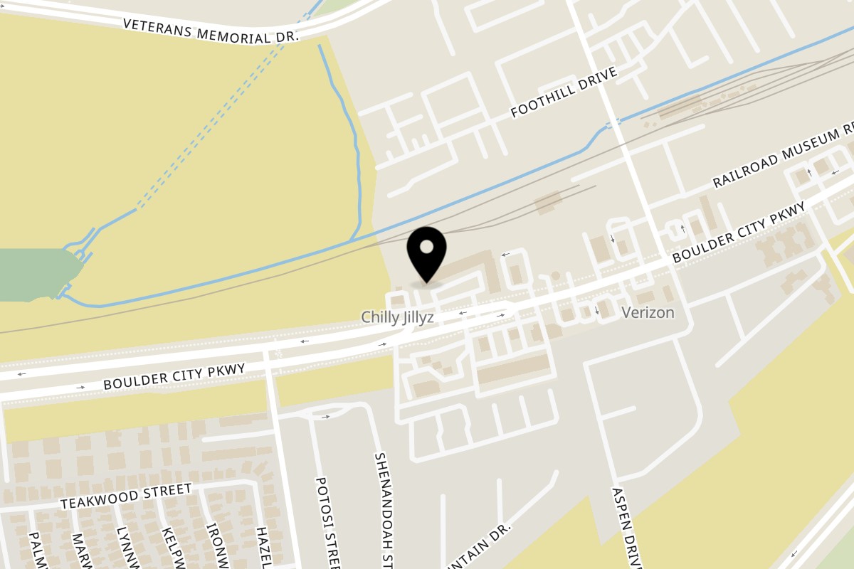 Map showing the location of The Patio at Chilly Jilly'z on 1672 Boulder City Pkwy in Boulder City